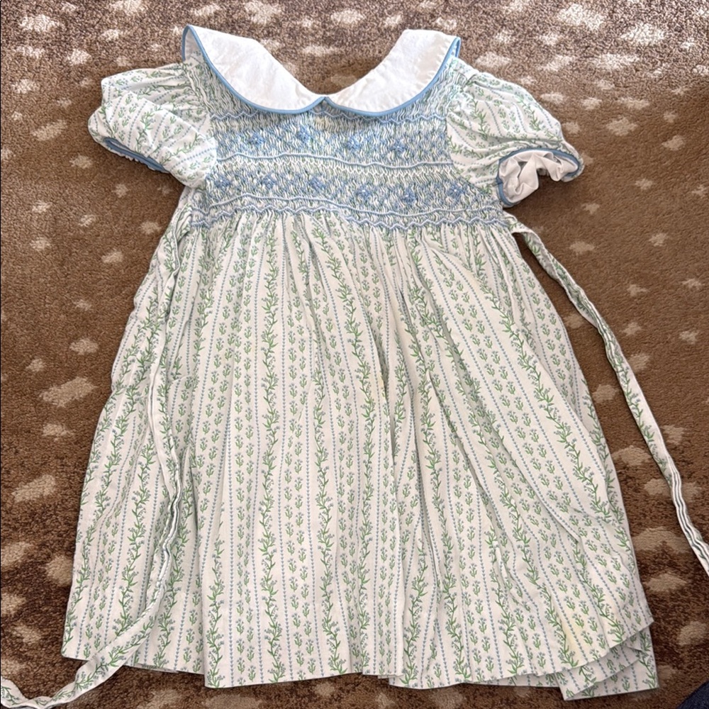 Smocked Peter Pan Collar Kids Dress in Blue & Green